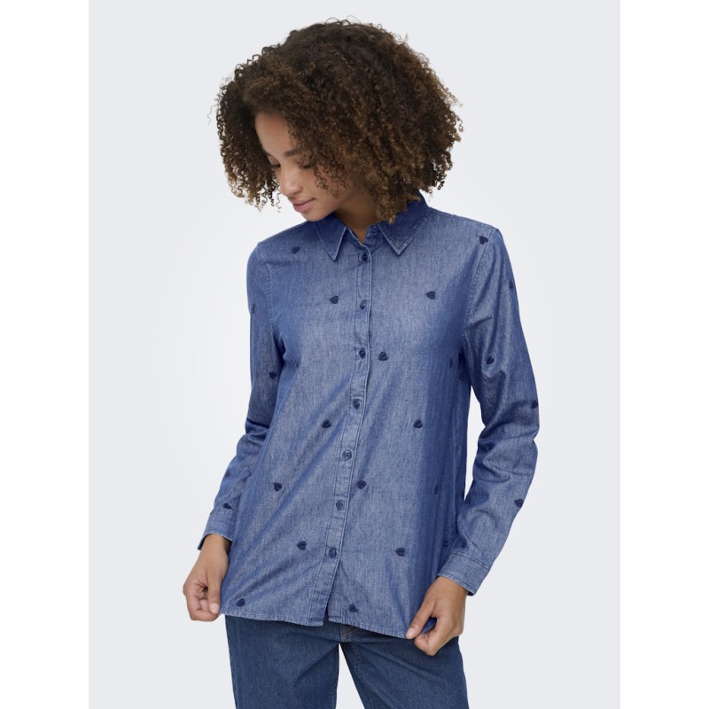 JDY Love L/S Broderet Skjorte - Medium Blue Denim / Heart