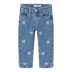 NAME IT MINI pige - Bella Mom fit Jeans - Medium Blue / Sløjfe