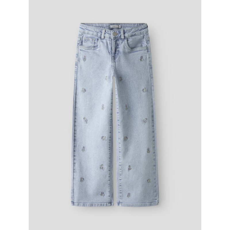 NAME IT Kids Rose Brede Broderi Jeans - Light Blue Denim