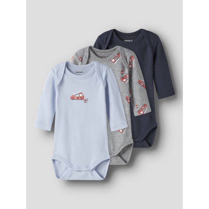 NAME IT Baby 3-pak Brandbil L/S Bodystocking - Grey Melange
