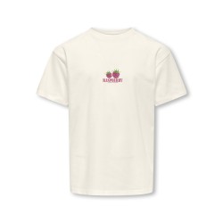 KIDS ONLT Carina S/S Løs Print T-shirt - Cloud Dancer / raspberry
