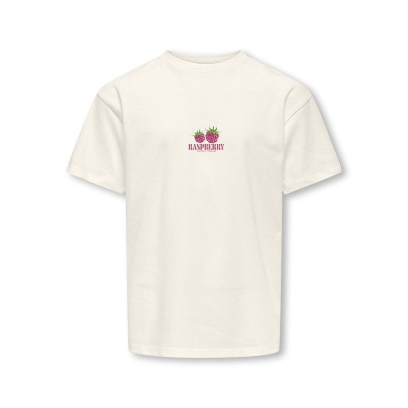 KIDS ONLT Carina S/S Løs Print T-shirt - Cloud Dancer / raspberry