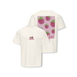KIDS ONLT Carina S/S Løs Print T-shirt - Cloud Dancer / raspberry