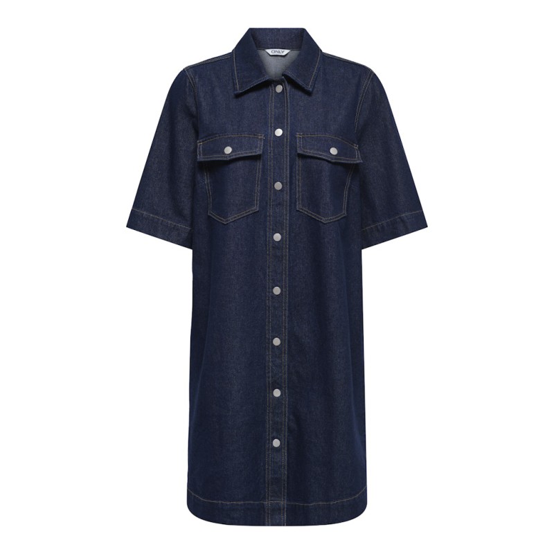 ONLY Belle S/S Button Kjole Denim - Dark Blue Denim