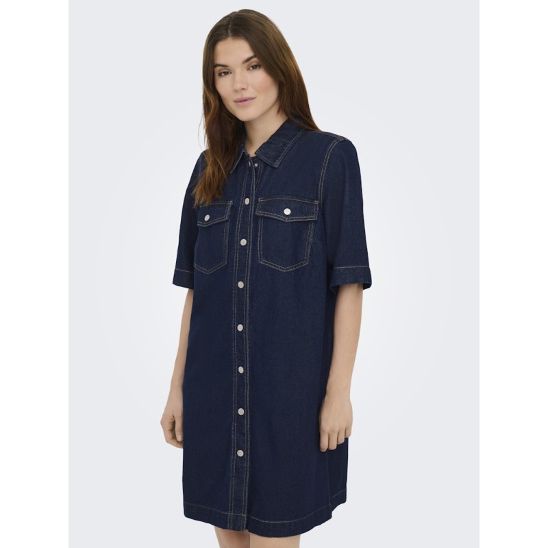 ONLY Belle S/S Button Kjole Denim - Dark Blue Denim