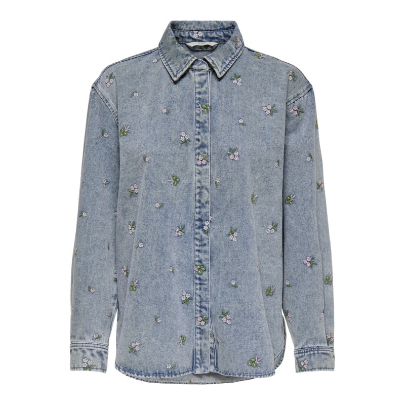 ONLY Vera L/S Blomster Broderi Denim Skjorte - Light Blue Denim