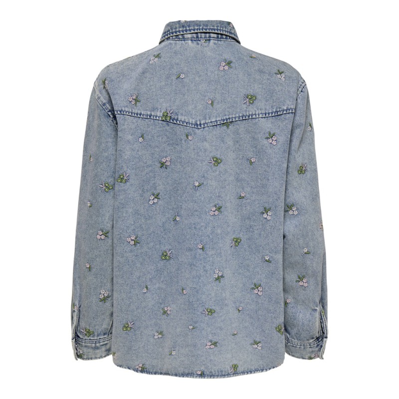 ONLY Vera L/S Blomster Broderi Denim Skjorte - Light Blue Denim