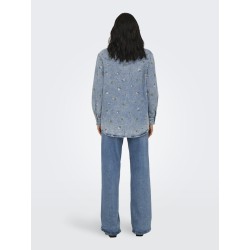 ONLY Vera L/S Blomster Broderi Denim Skjorte - Light Blue Denim