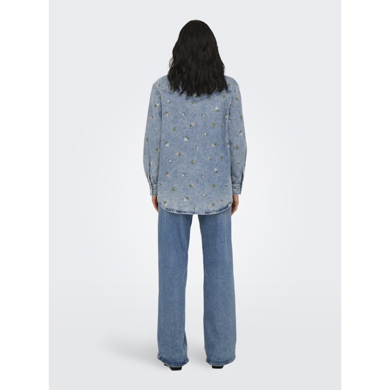 ONLY Vera L/S Blomster Broderi Denim Skjorte - Light Blue Denim