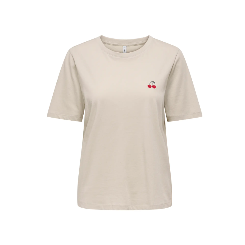 ONLY Happy S/S Broderi T-shirt - Oatmeal