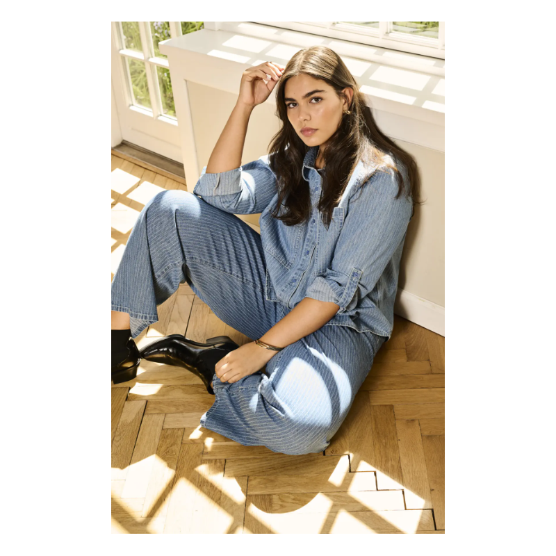 ONLY CARMAKOMA Yasmin L/S Stribet Skjorte - Medium Blue Denim
