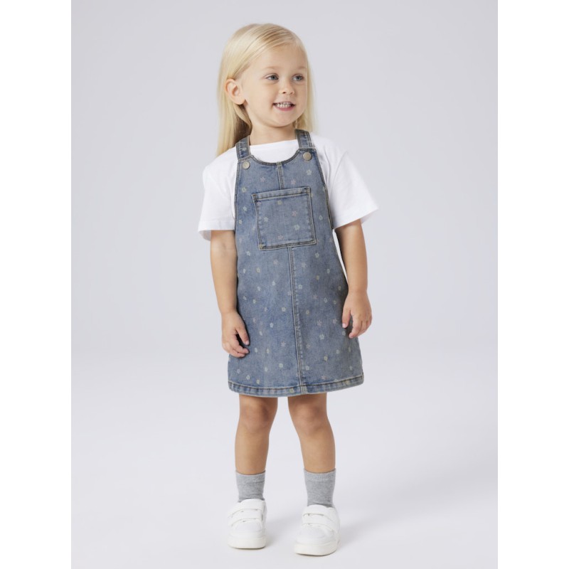 NAME IT MINI Rosa Kort Denim Overall Kjole - Medium Blue Denim / Blomster