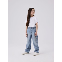 NAME IT Kids Rose Højtaljet Brede Cargo Jeans - Light Blue Denim