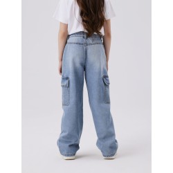 NAME IT Kids Rose Højtaljet Brede Cargo Jeans - Light Blue Denim