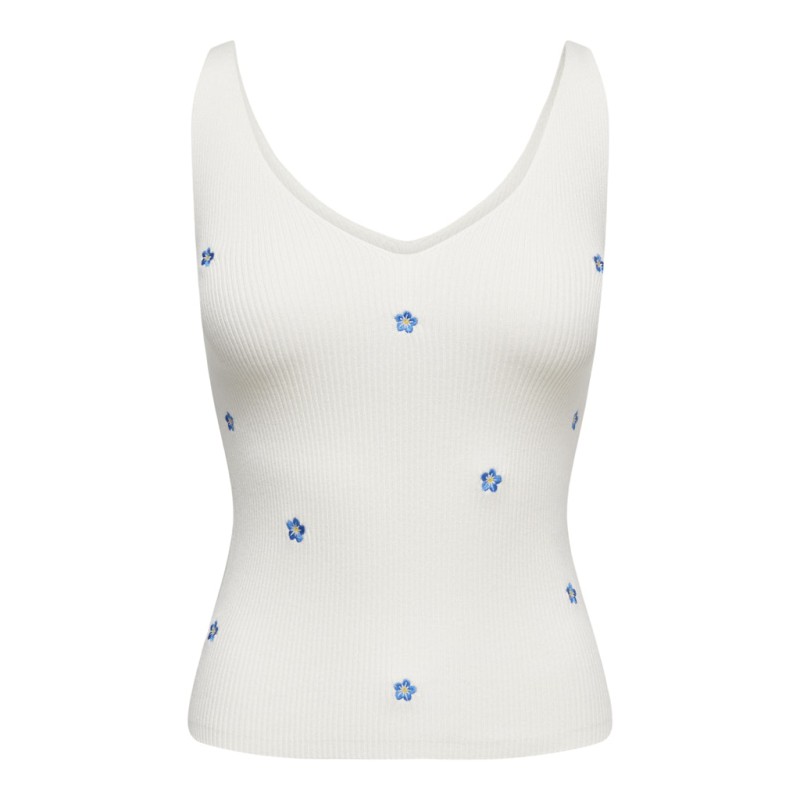 JDY Nanna S/L Broderet Strik Top - Cloud Dancer / Forget me not