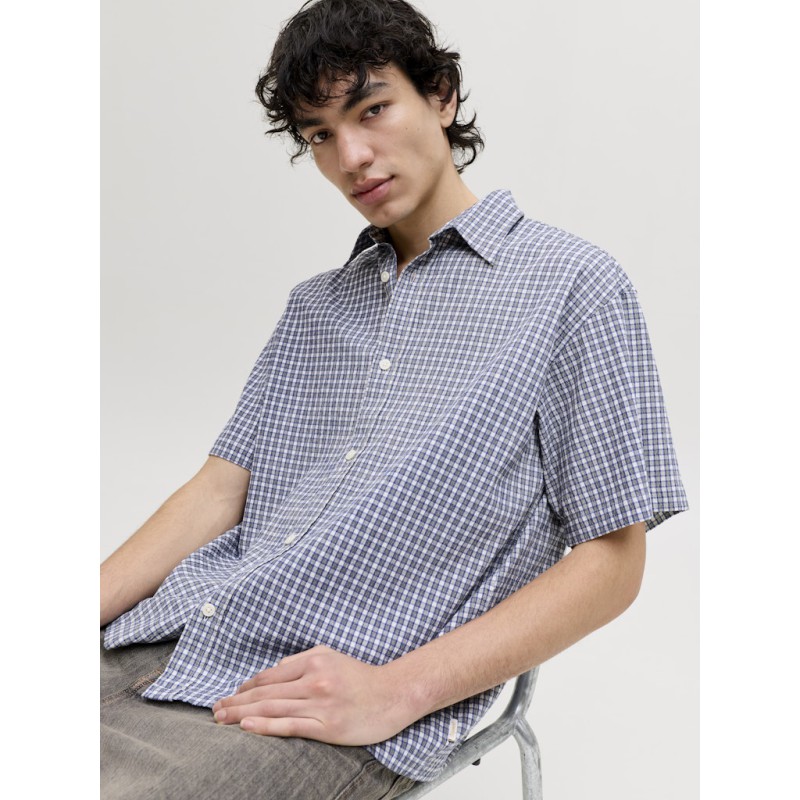JACK & JONES  Dazur Seersucker Ternet Kortærmet Skjorte - Blueing