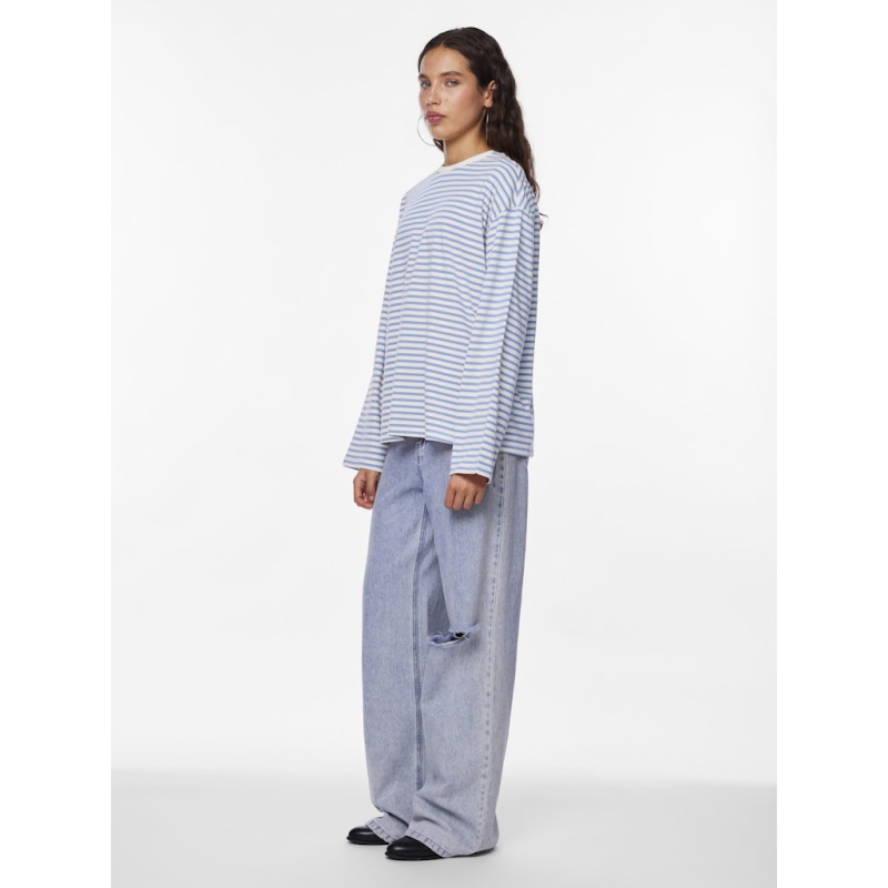 PIECES Sadie langærmet bluse - Cloud Dancer w. Cashmere blue stripe