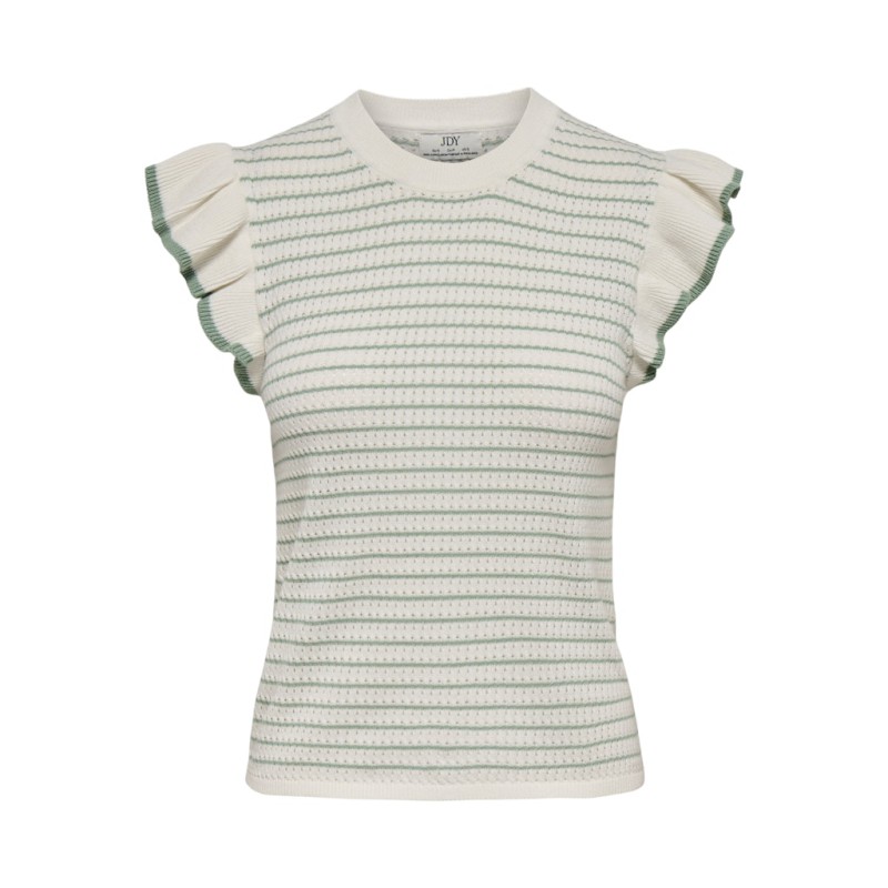 JDY Carice kortærmet Strik Top Med Flæser - Cloud Dancer W. GRANITE GREEN STRUCTURE