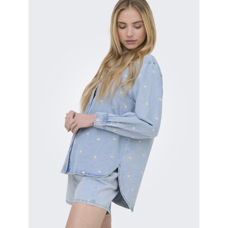 ONLY Vera langærmet daisy denim skjorte - Medium Blue Denim