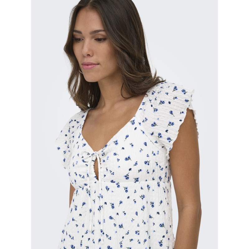 ONLY Dua frill sleeve kjole - Cloud Dancer Ditsy floral cornflower blue