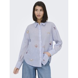 JDY Paige langærmet loose broderi skjorte - Cloud Dancer / Blue stripe