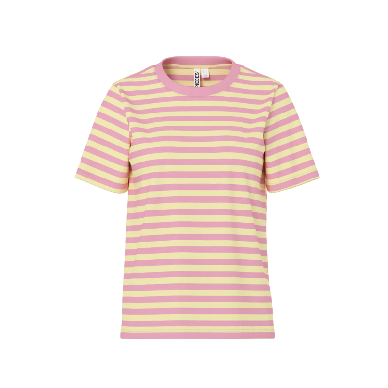 PIECES Ria kortærmet multicolor stribet t-shirt - French Vanilla / Sea Pink