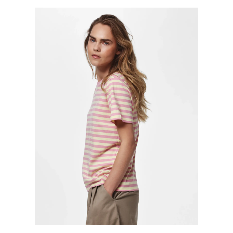 PIECES Ria kortærmet multicolor stribet t-shirt - French Vanilla / Sea Pink
