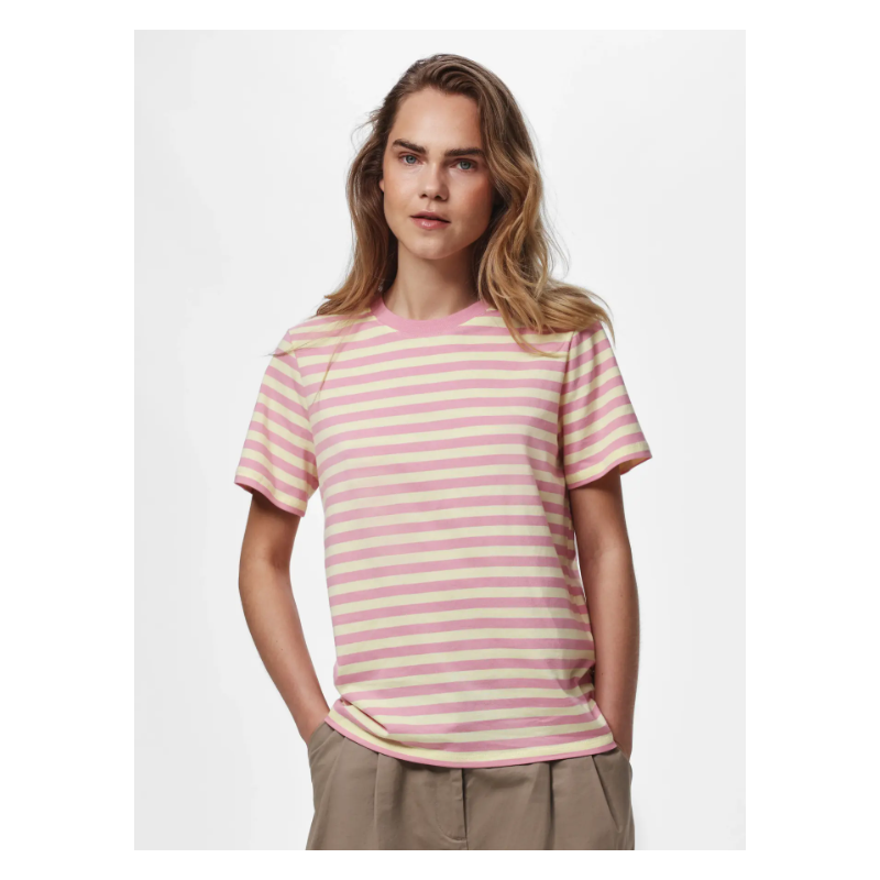 PIECES Ria kortærmet multicolor stribet t-shirt - French Vanilla / Sea Pink
