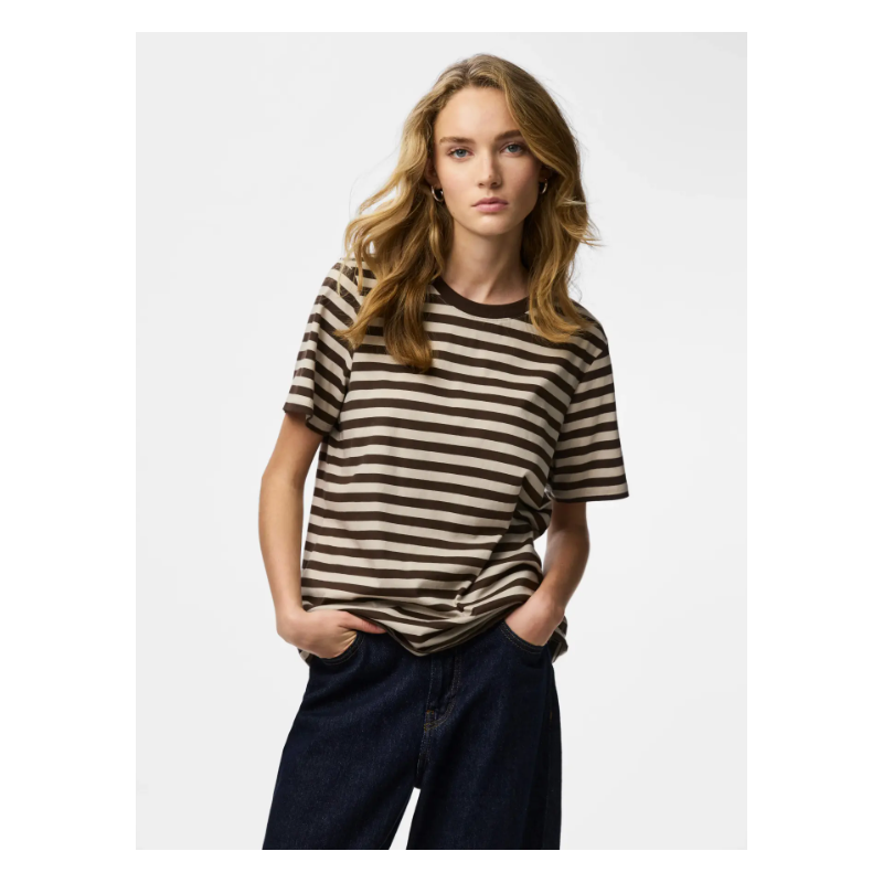 PIECES Ria kortærmet multicolor stribet T-shirt - Hot Fudge W. Silver grey