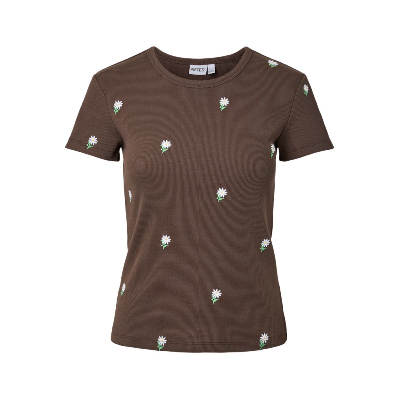 PIECES May kortærmet broderet T-shirt - Hot Fudge