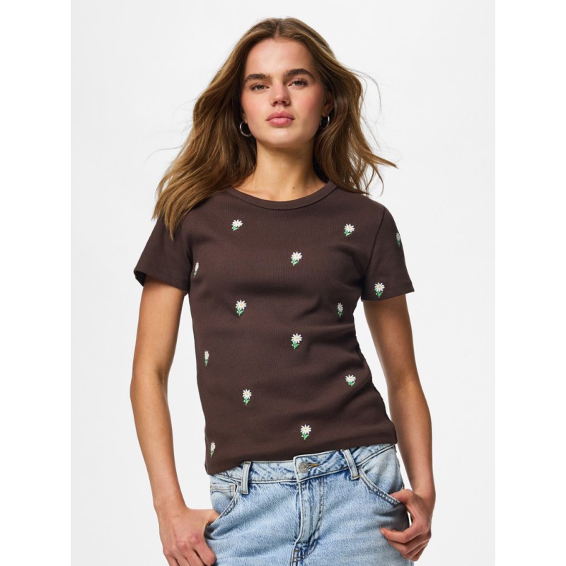 PIECES May kortærmet broderet T-shirt - Hot Fudge