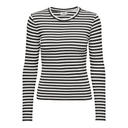JDY Fransiska langærmet stribet rund hals bluse - Cloud Dancer BLACK