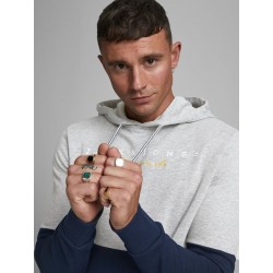 JACK & JONES SWEAT HOODIE - LIGHT GREY/ NAVY BLAZER