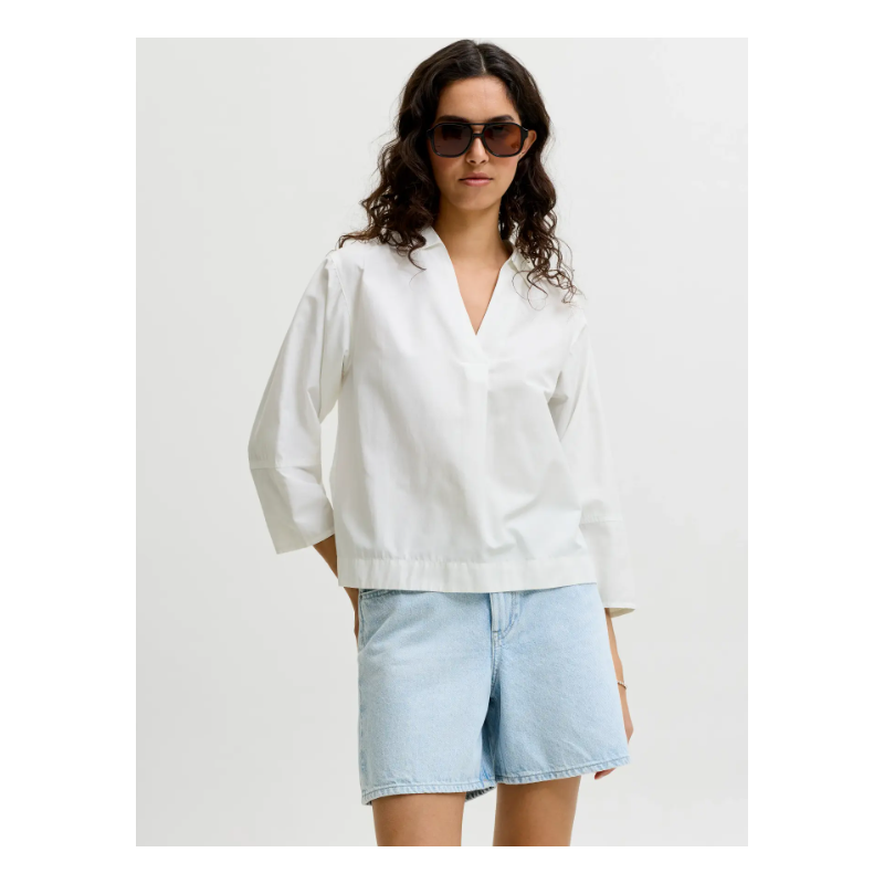 PIECES Caro poplin langærmet bluse - Blanc de Blanc