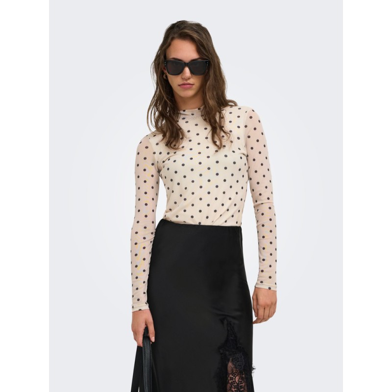ONLY Erica mesh langærmet bluse - Seedpearl / BLACK DOT