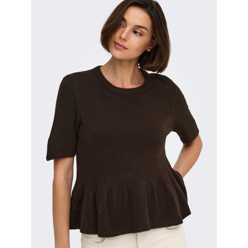 JDY Brilliant life peplum kortærmet strikbluse - Coffee Bean / MELANGE