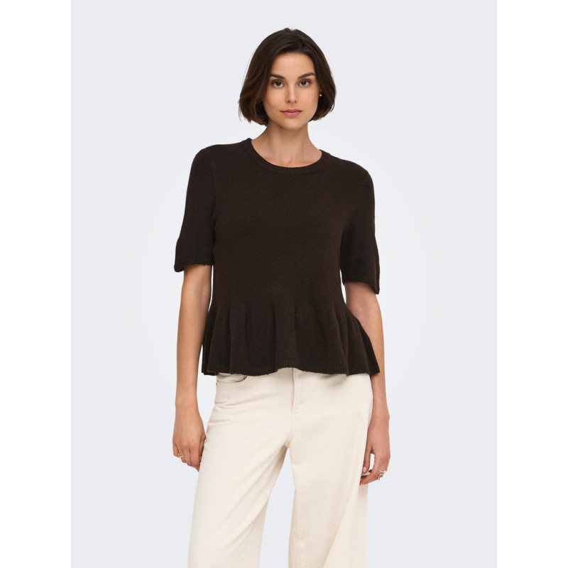 JDY Brilliant life peplum kortærmet strikbluse - Coffee Bean / MELANGE