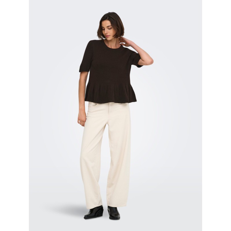 JDY Brilliant life peplum kortærmet strikbluse - Coffee Bean / MELANGE