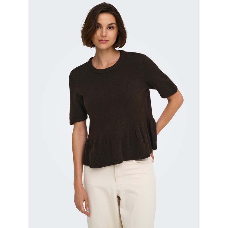 JDY Brilliant life peplum kortærmet strikbluse - Coffee Bean / MELANGE