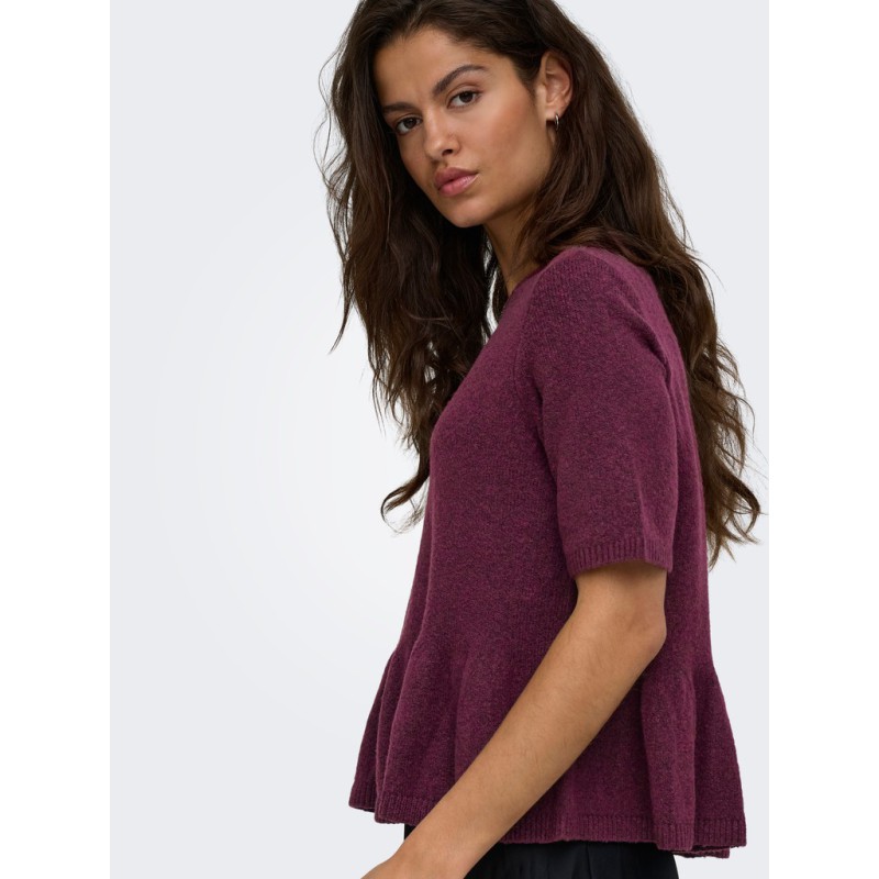 JDY Brilliant life peplum kortærmet strikbluse - Windsor Wine / MELANGE