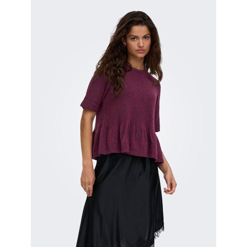 JDY Brilliant life peplum kortærmet strikbluse - Windsor Wine / MELANGE