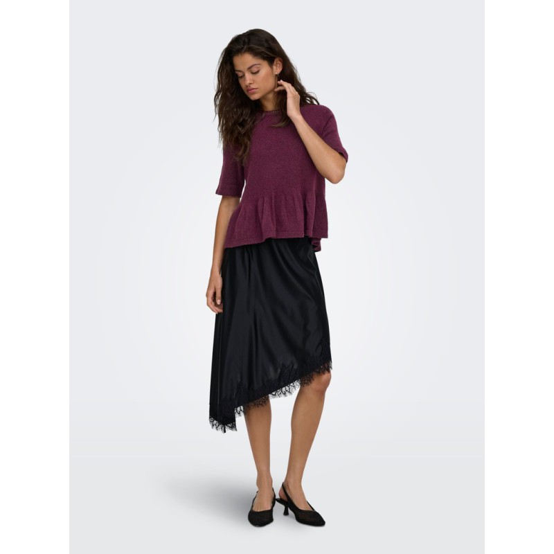 JDY Brilliant life peplum kortærmet strikbluse - Windsor Wine / MELANGE