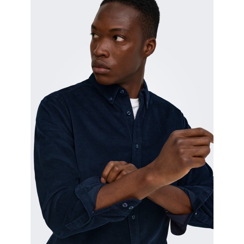 ONLY & SONS Michael langærmet fløjl skjorte - Dark Sapphire