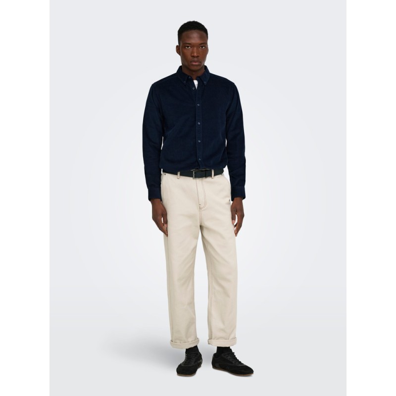 ONLY & SONS Michael langærmet fløjl skjorte - Dark Sapphire