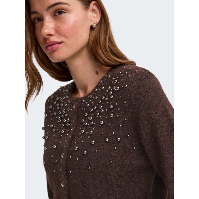 ONLY Miggie pearl langærmet strikcardigan - Coffee Bean