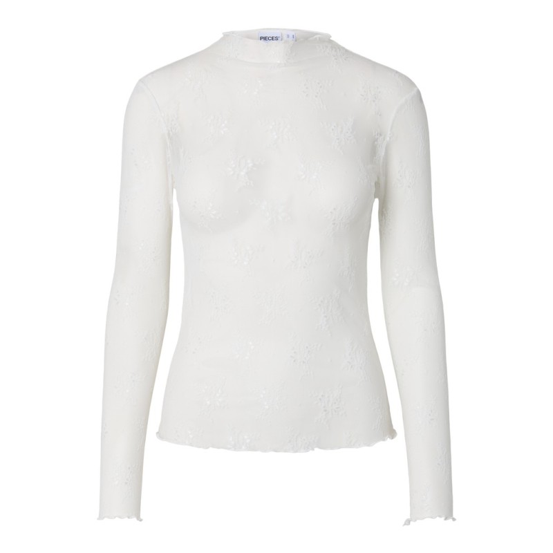 PIECES Vio langærmet mesh bluse - Cloud Dancer