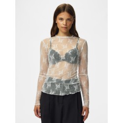 PIECES Vio langærmet mesh bluse - Cloud Dancer
