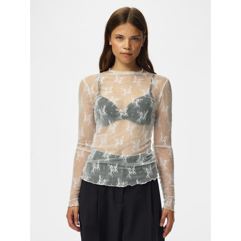 PIECES Vio langærmet mesh bluse - Cloud Dancer