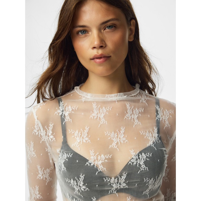 PIECES Vio langærmet mesh bluse - Cloud Dancer