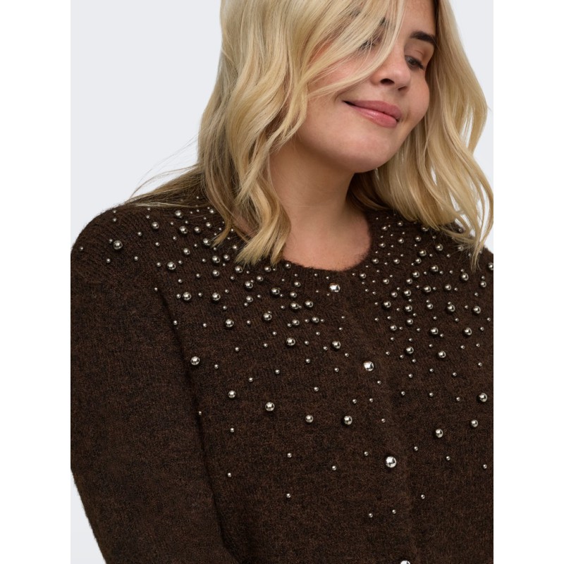 ONLY CARMAKOMA Miggie langærmet perle strikcardigan - Coffee Bean